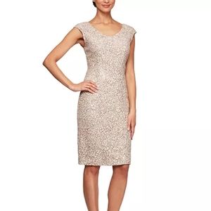 Alex Evenings Champagne Beaded Cap-Sleeve Sheath Dress